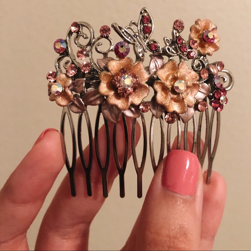 Pink & Silver Crystal Floral Hair Comb
